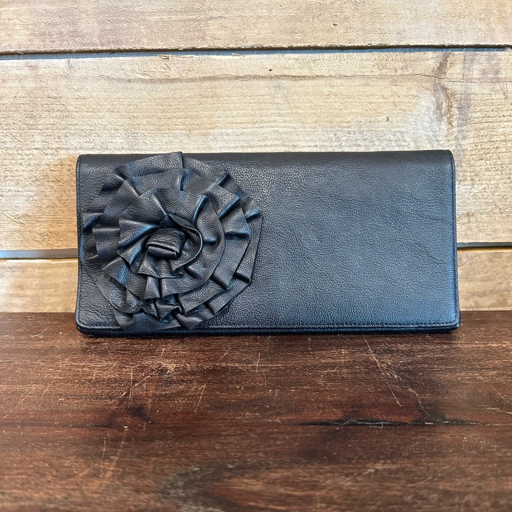 Tarnish Genuine Leather Black Floral Rosette Clutch Wallet Envelope Evening Bag